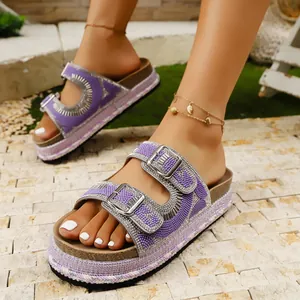 Women Fashion Rhinestone Platform Slides Summer Double Buckle Cork Sole Beach Sandals Bohemia Bling Outdoor Leisure Slippers
