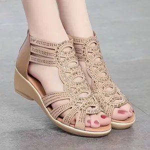 Women Roman Gladiator Sandals With Rhinestones Fashion Hollow Out Wedge Heel Soft Sole Summer Outdoor Beach Shoes Back Zipper PU Rubber Sandal