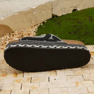Detailed view of anti-slip rubber sole and rhinestone beaded pattern on platform cork slippers