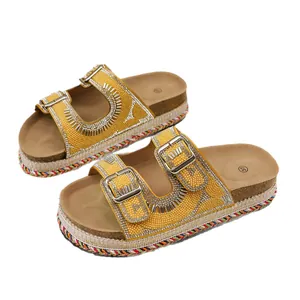 Bohemian yellow cork platform sandals with rhinestone double buckles and colorful braided sole