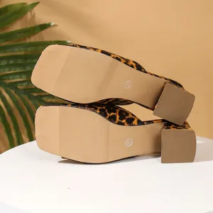 Detailed view of non-slip sole and leopard pattern on stylish square toe chunky heel mules