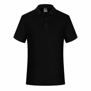Front view of a classic black men's short-sleeve polo shirt with breathable fabric.