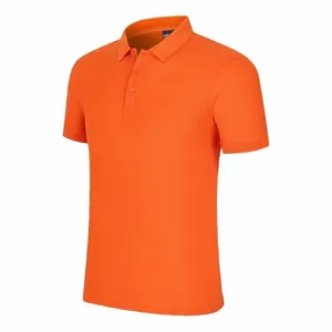 Detailed view of a vibrant orange breathable men's short sleeve cotton polo shirt.