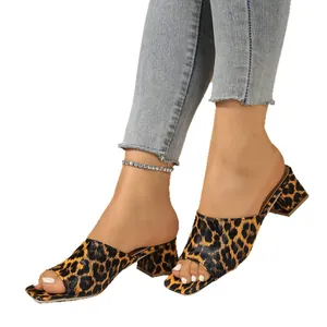 Women's fashionable leopard print slides with a square toe and comfortable block heel