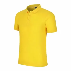 Detail view of a bright yellow men's short-sleeved polo shirt with a classic collar.