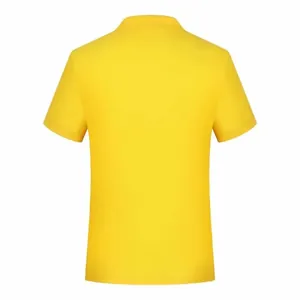 Back view of a vibrant yellow short-sleeved Polo shirt for men with ribbed collar.