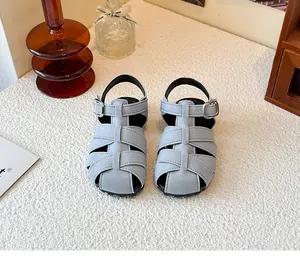 Stylish retro woven closed-toe gladiator sandals for kids in light blue-grey finish
