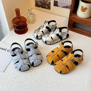 Kids Woven Roman Sandals Retro Closed Toe Beach Shoes For Boys Girls Summer Casual Hollow Out Hook And Loop Sandals