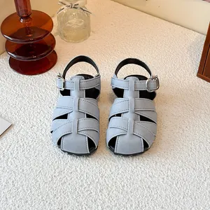 Stylish vintage woven closed-toe children's Roman sandals in light blue suede finish