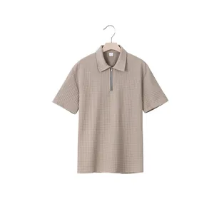 Vorderansicht von schwerem gestepptem Polohemd für Herren mit Reißverschluss in Khaki