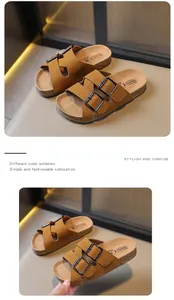 Detailed view of brown kids cork sandals with soft footbed and double buckle straps