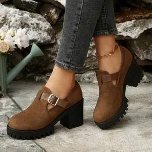 Κοντινό πλάνο καφέ σουέτ loafers με χοντρό τακούνι, αγκράφα και σόλα πλατφόρμας