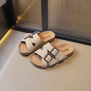 Kids beige summer sandals with breathable cork footbed and dual buckle straps