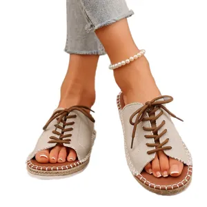 Stylish casual canvas lace-up flat sandals for women with open-toe summer beach design