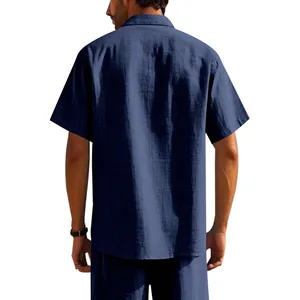 Back view detail of men's navy blue linen shirt with breathable fabric texture