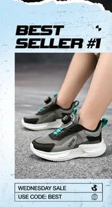 Close-up of breathable grey mesh boys running shoes with convenient rotating buckle closure