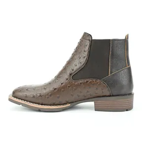 Brown men's Chelsea boots with ostrich leather texture and elastic side panels