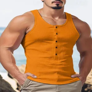 Herren Tanktop Orange gerippt, ärmelloses Strickshirt im Henley-Stil für Sommer.