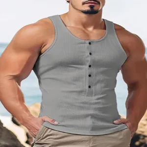 Hochwertiges graues Herren Rippenstrick Henley Tank Top sommerliche Ärmellose Weste