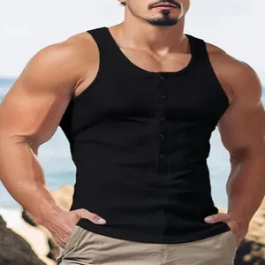 Herren Tanktop aus schwarzem Rippstrick mit Knopfleiste für sportlichen Sommer-Casual-Look