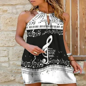 Abito Midi Taglie Forti con Scollo all'Americana Donna Estate Senza Maniche Dettaglio Anello in Metallo Stampato Musica Paisley Casual