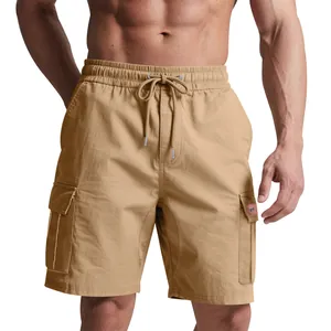 Detail view of men's khaki cargo shorts featuring elastic drawstring waist and pockets