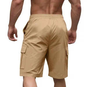 Detailed back view of men's khaki cargo shorts featuring elastic waist and side pockets