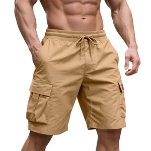 Detail view of men's khaki cargo shorts featuring large side pockets and drawstring waist.