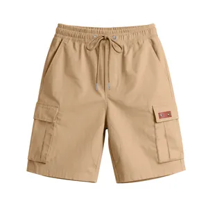 Front view of khaki men's casual cargo shorts featuring an elastic drawstring waist