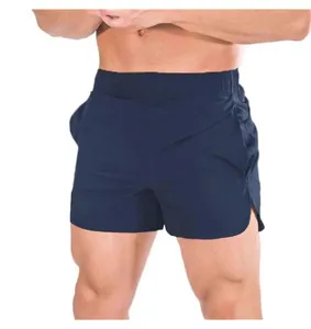 Men's dark blue quick-dry 3-inch running shorts with elastic waist and side slits