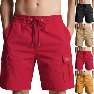 Multi-color men's casual cargo shorts featuring elastic drawstring waist and side pockets.