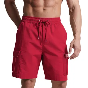 Detailed view of red men's cargo shorts featuring drawstring waist and large side pockets.