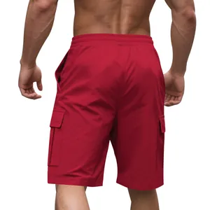 High-quality detailed back view of men's red cargo shorts with functional pockets