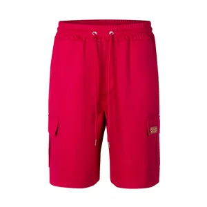 Front view of men's red cargo shorts with elastic waist and large side pockets