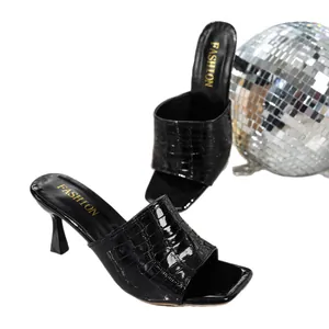 Elegant black crocodile-embossed high-heeled mules with square toe for party events