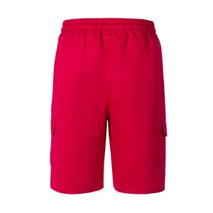 Detailed back view of men's vibrant red cargo shorts with elastic waist and side pockets