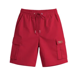 High-quality red men's cargo shorts featuring elastic drawstring waist and side flap pockets