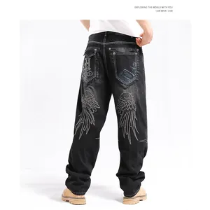 Relaxed fit black hip-hop jeans featuring stylish grey wing embroidery on the back