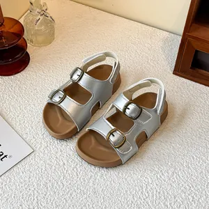 Sandali argentati per bambini con doppia fibbia e suola spessa per vacanze estive