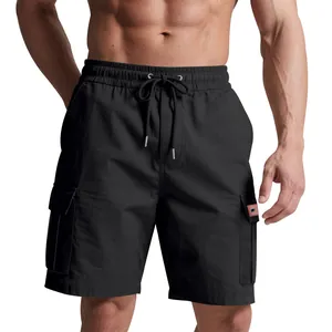 Detail view of men's black cargo shorts featuring drawstring waist and side pockets.