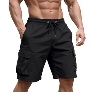 Close-up of men's black cargo shorts featuring elastic drawstring waist and side pockets