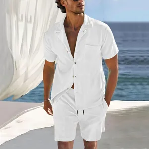 Men's summer white corduroy shirt and shorts two-piece casual set shown on model outdoors