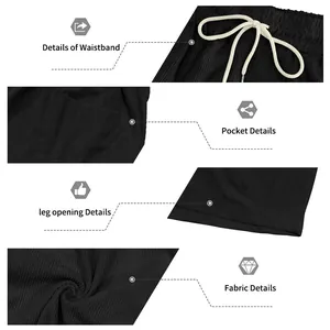Details of men's black corduroy shorts showing waistband, pocket, and fabric texture