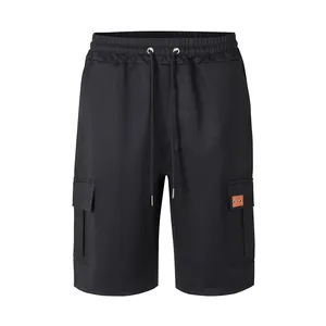 Front view of black men's casual cargo shorts with a drawstring and elastic waist