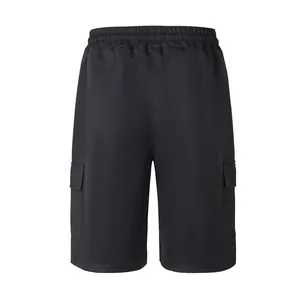 Detailed back view of men's black summer cargo shorts featuring comfortable elastic waist