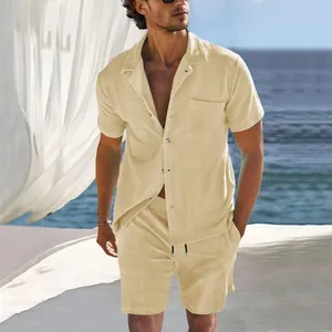 Corduroy men's short-sleeve summer suit in beach outdoor setting