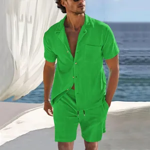 Close-up detail showing the vibrant green corduroy fabric of this men's summer set