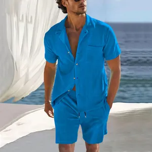 Men's blue corduroy short sleeve shirt and shorts summer vacation set on a model