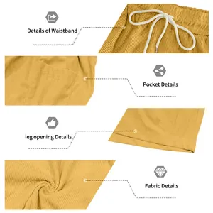 Close-up of men's corduroy shorts: drawstring waistband, pocket, and ribbed fabric texture.