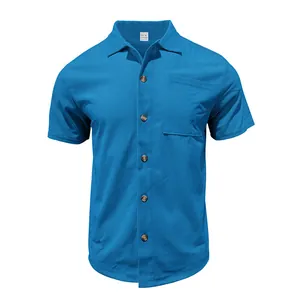 Detailed view of a men's blue corduroy short sleeve casual shirt with button closure